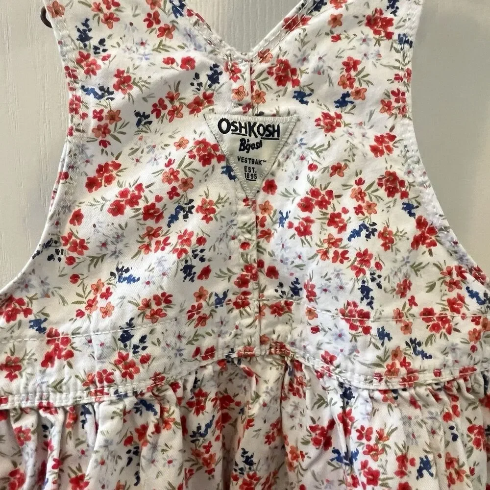 Oshkosh B'gosh Red White Blue Floral Overall Dress Cotton Girls Size 3T